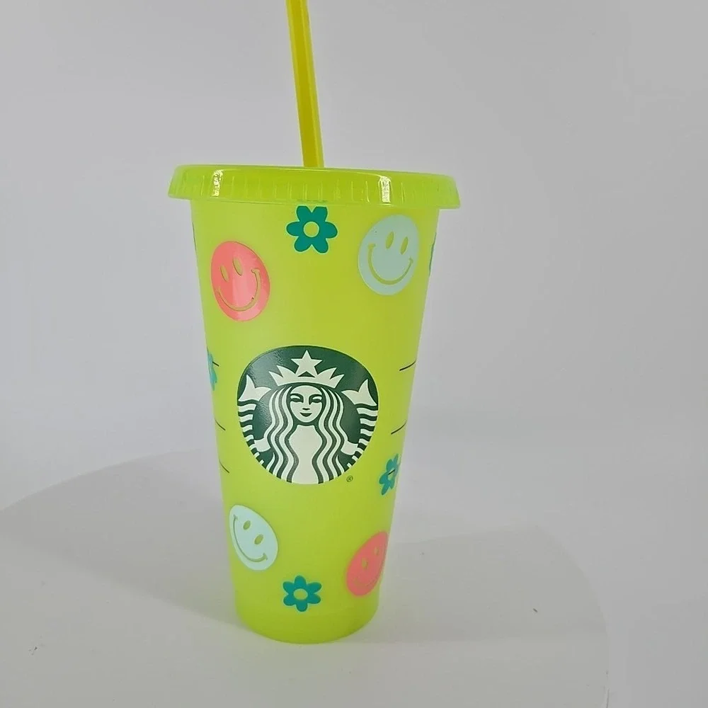 Starbucks 2021 Lime Green Smiley Face‎ Flower Cold Cup Venti Tumbler 24oz